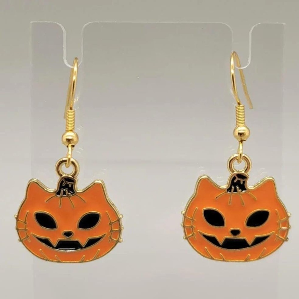 Orange Pumpkin Cat Dangle Earrings, Stainless Steel Hooks, Halloween Jewelry